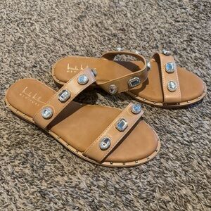 NEW Nicole Miller Tan Embellished Rhinestone Jewel Studded Sandals
